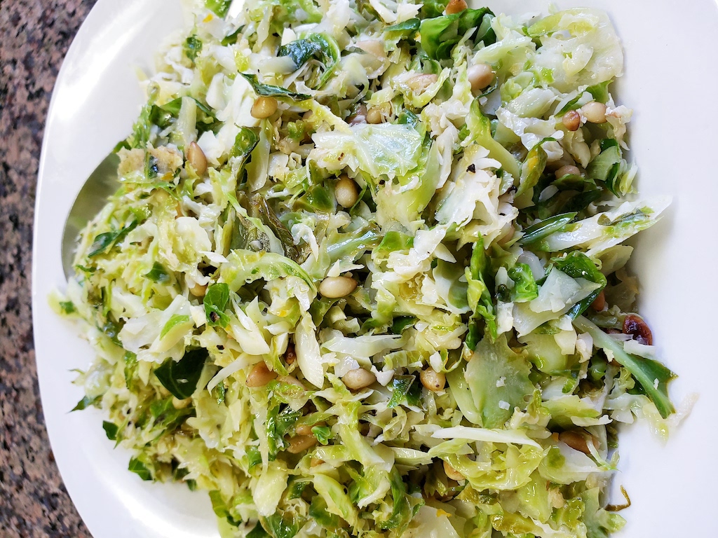 close up of Brussels sprout salad in bowl