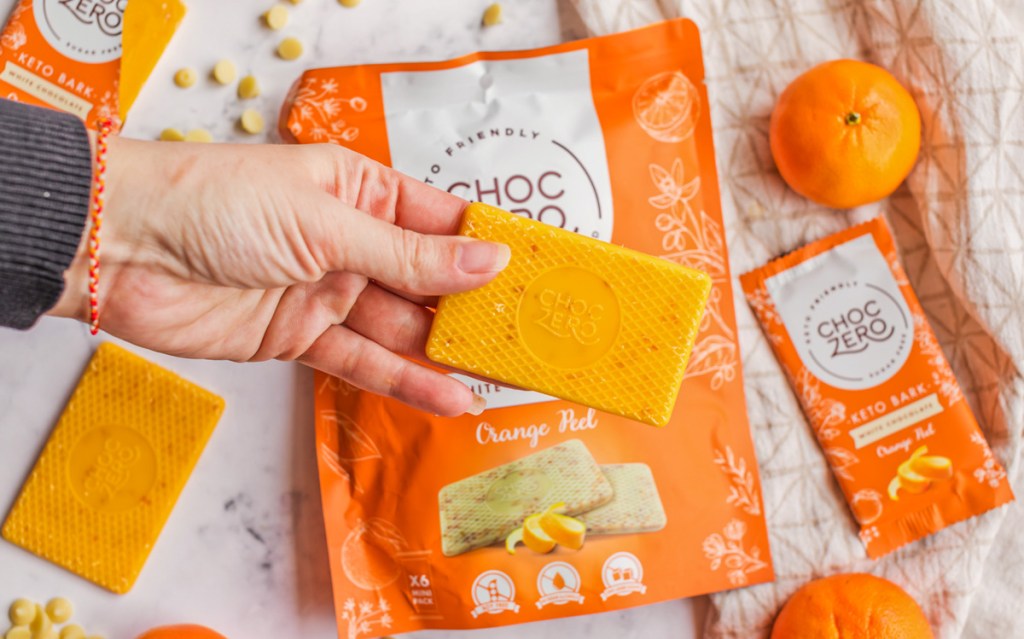 hand holding choc zero orange vanilla bark