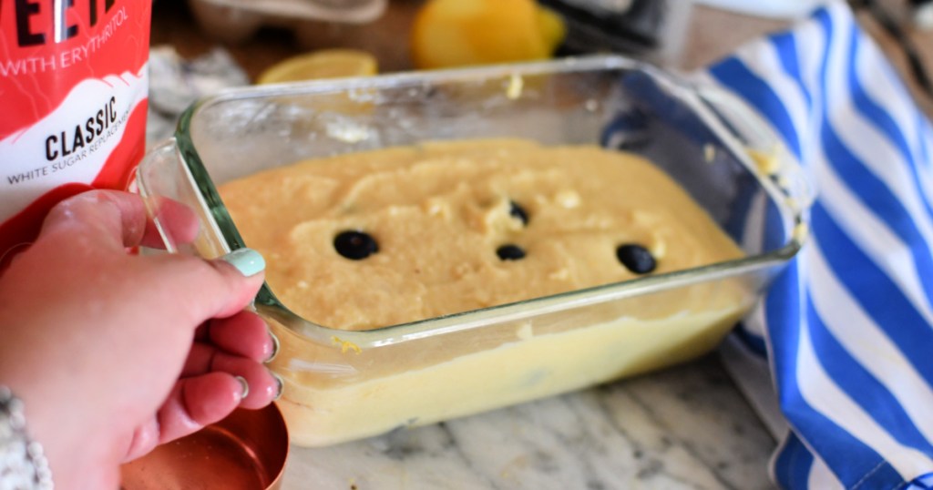 keto blueberry pound cake in a loaf pan