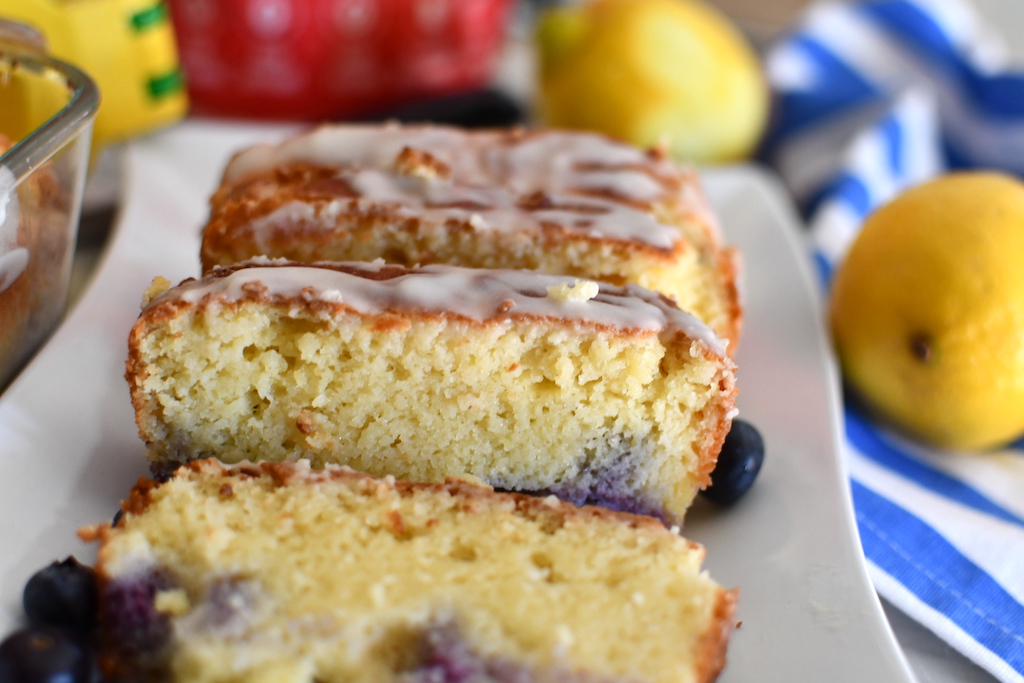 keto blueberry pound cake slices on plate 