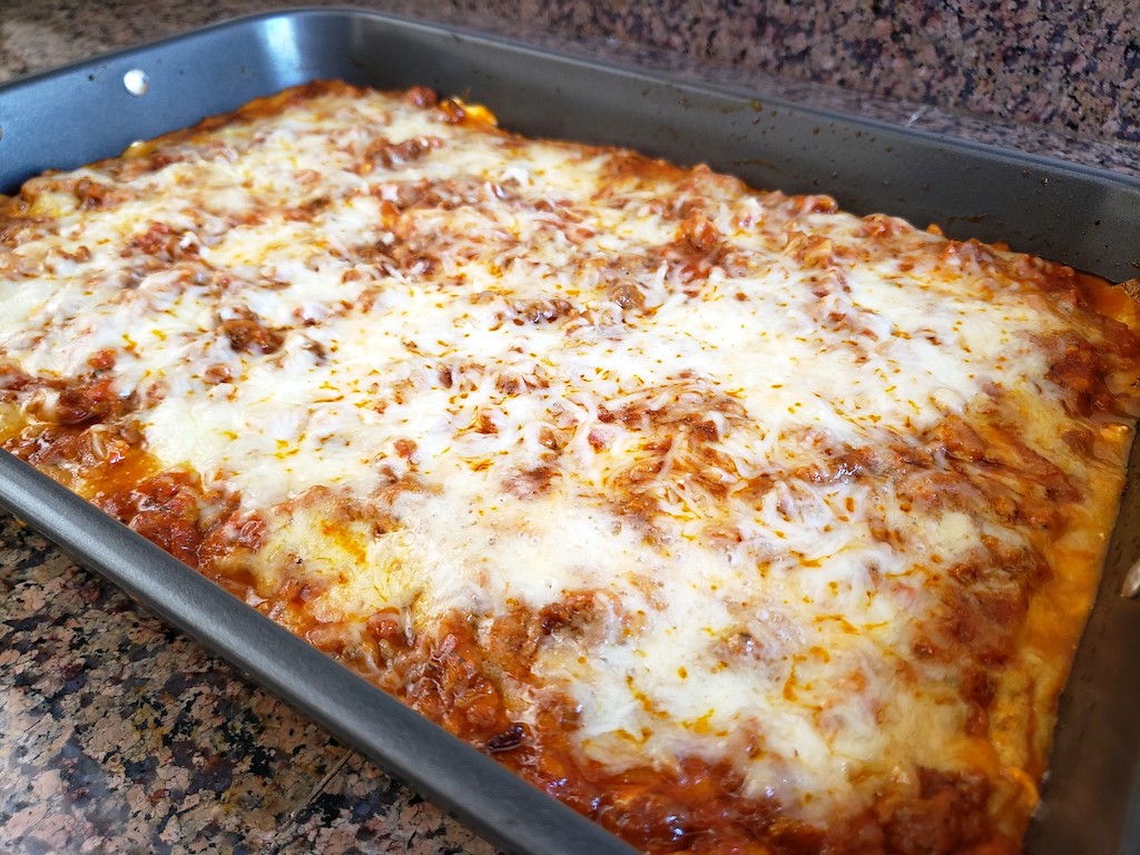 low-carb lasagna in pan 