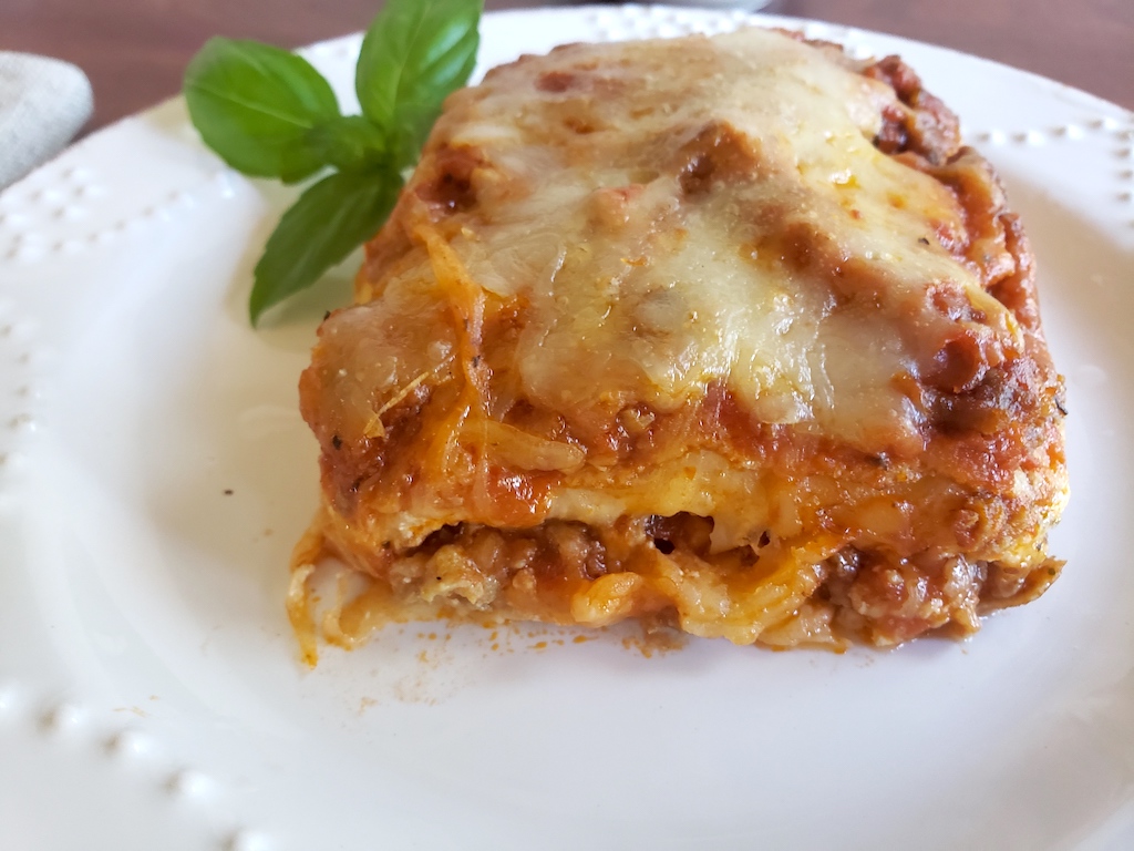low carb lasagna slice on plate 
