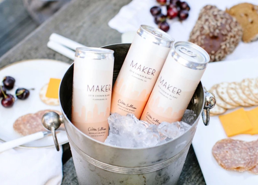 maker wine cans in stainless steel ice tub