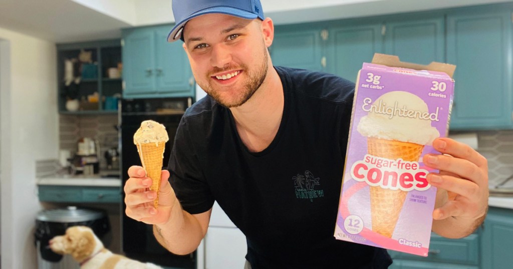 man holding sugar free ice cream cone