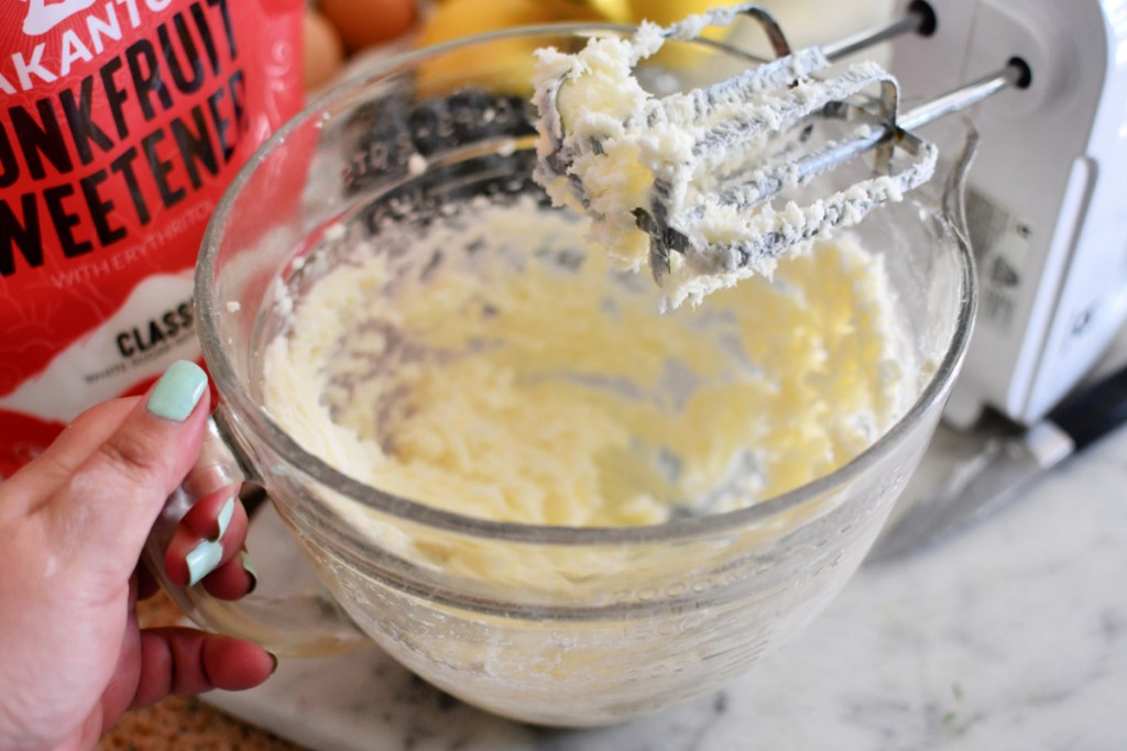 mixing keto pound cake batter in batter bowl