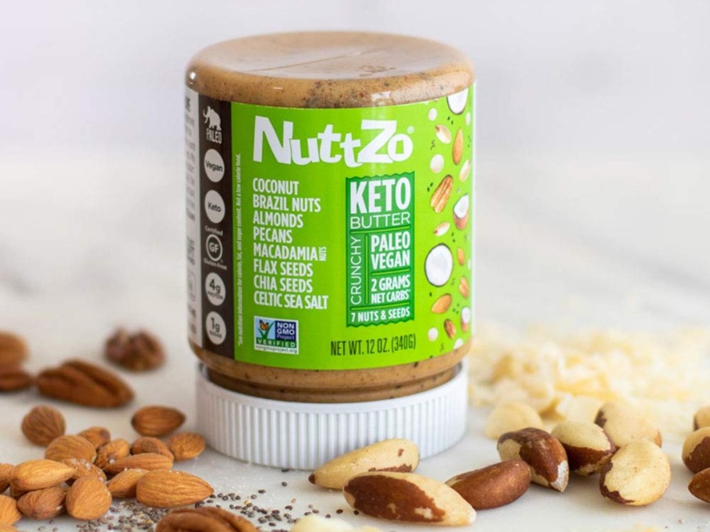 Keto nut butter surrounded by nuts
