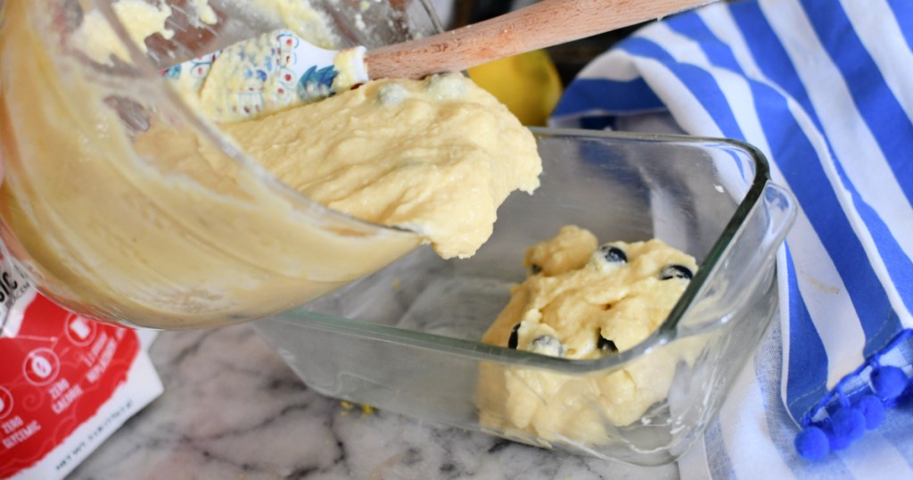 pouring keto poud cake batter into pan