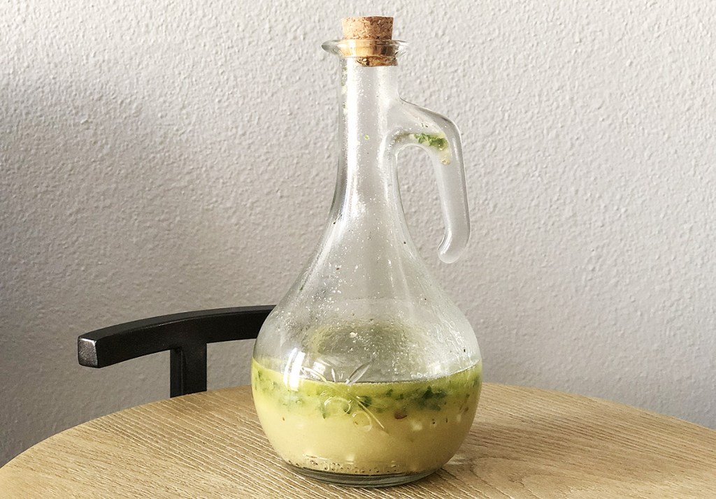 pickle juice salad dressing in glass bottle