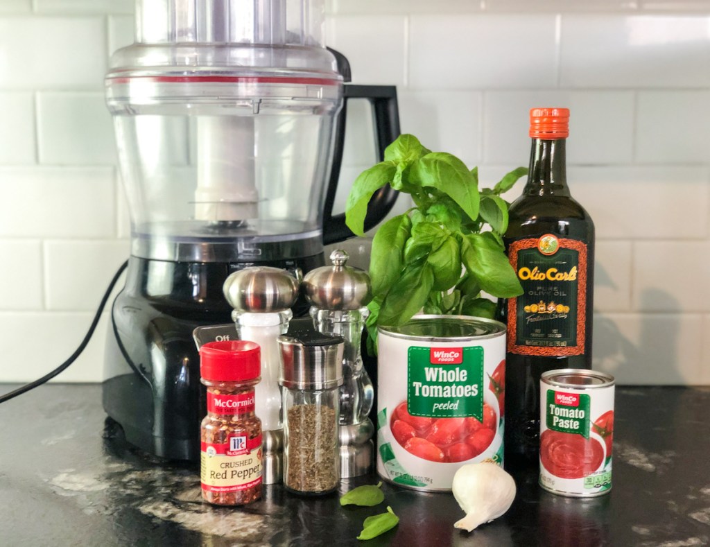 keto marinara sauce ingredients next to blender
