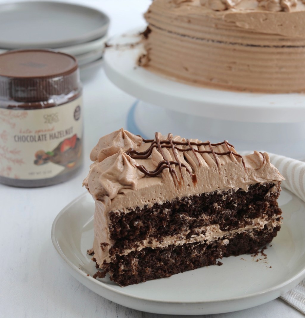 slice of keto choczero chocolate hazelnut spread cake