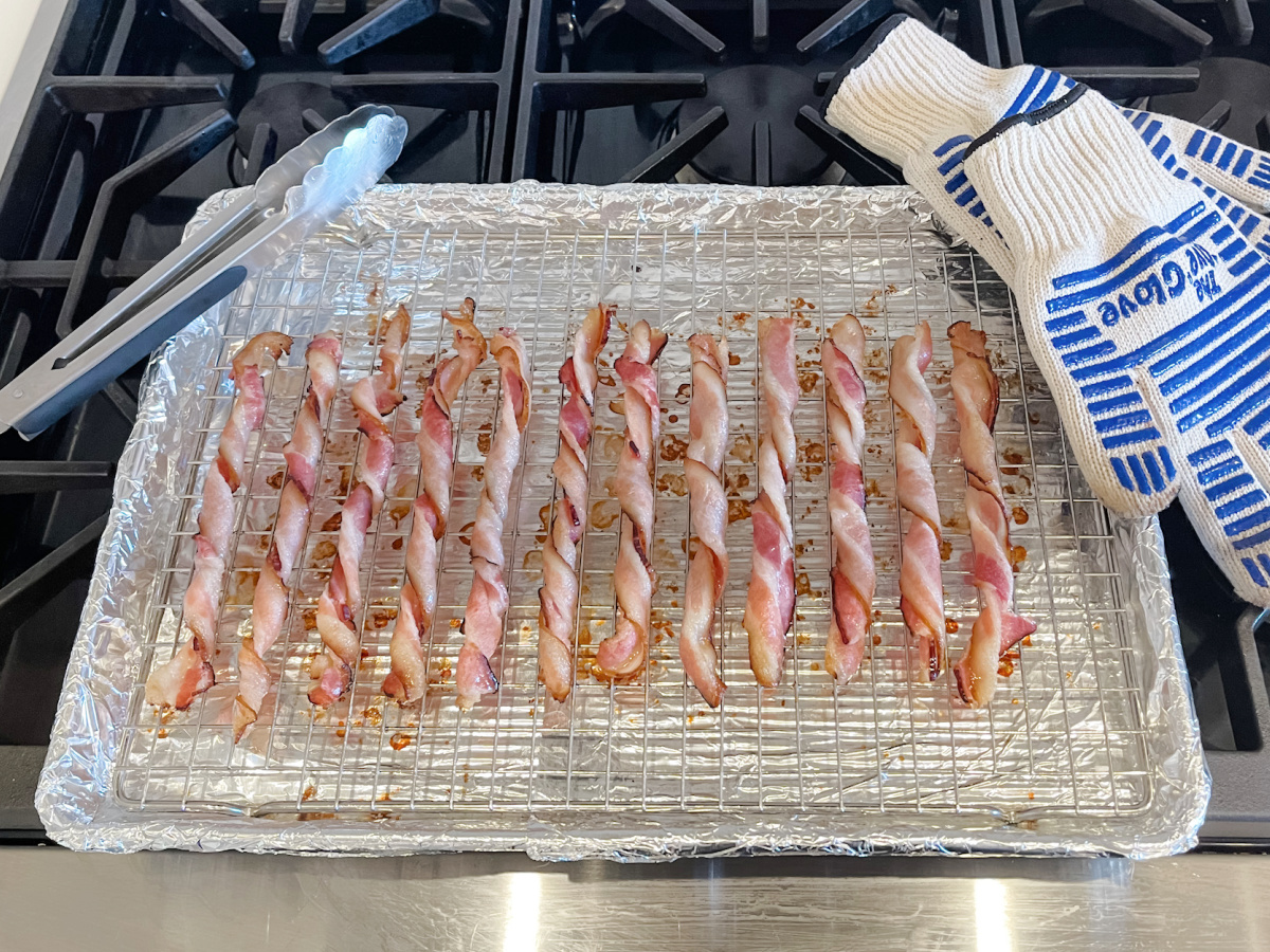 twisted Candied Bacon out of the oven