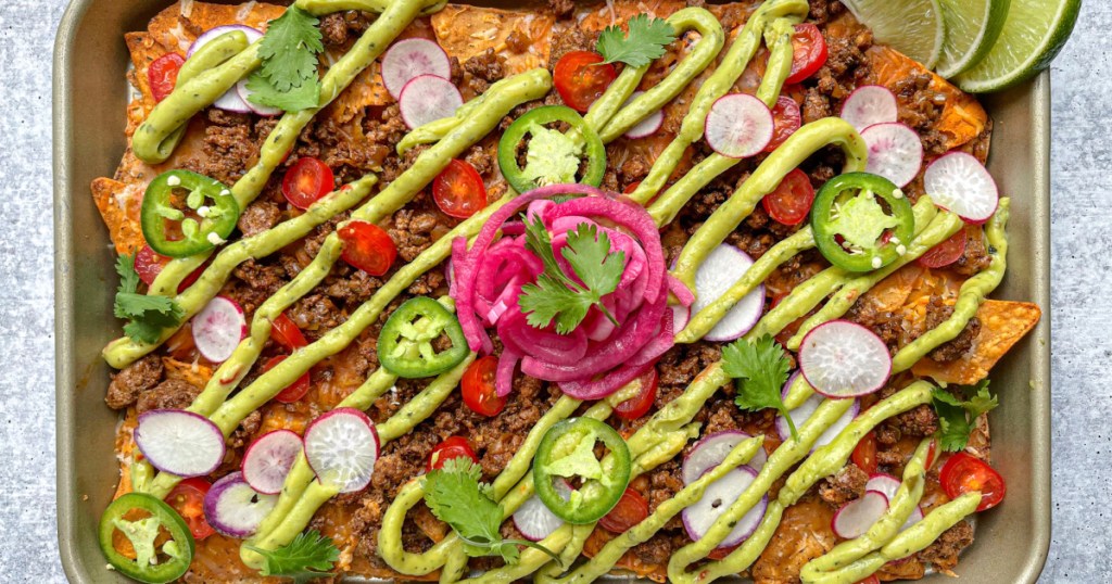 sheet pan of loaded sheet pan nachos