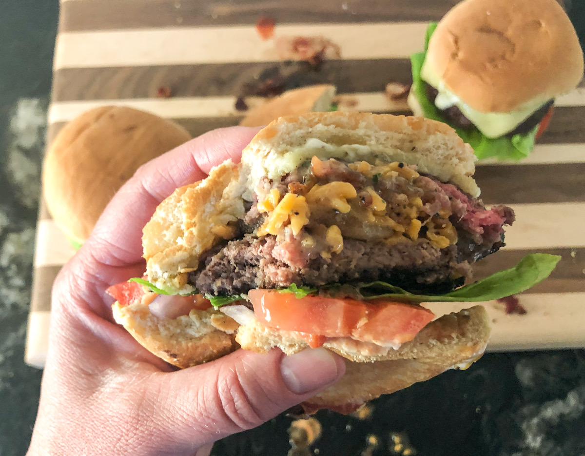 Keto Cheddar Bacon Ranch Stuffed Burgers | Hip2Keto Recipe
