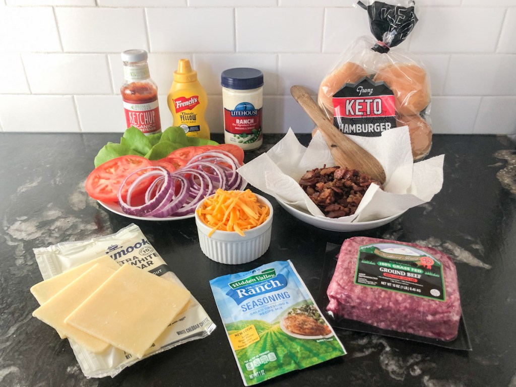 burger ingredients and topping on counter