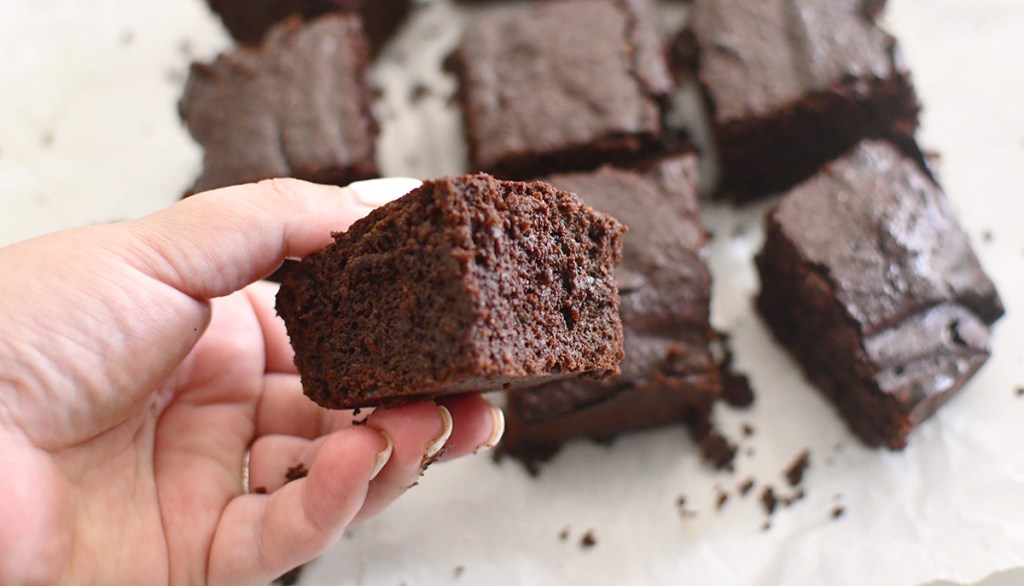 keto brownies cut and holding