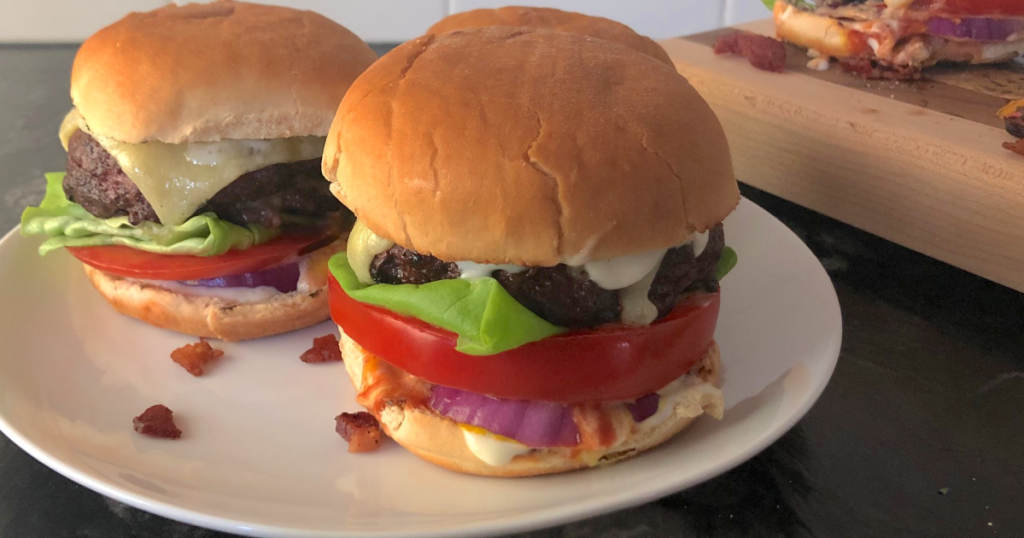 keto stuffed burgers with toppings and keto buns 