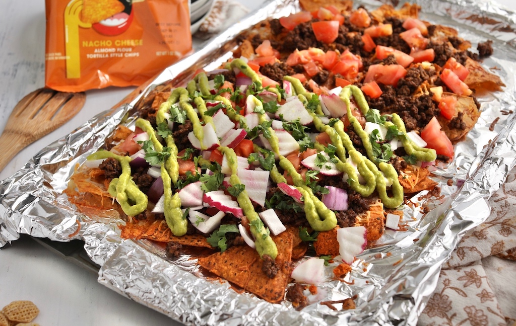 tray of keto nachos, one of our favorite keto finger foods and keto football snacks