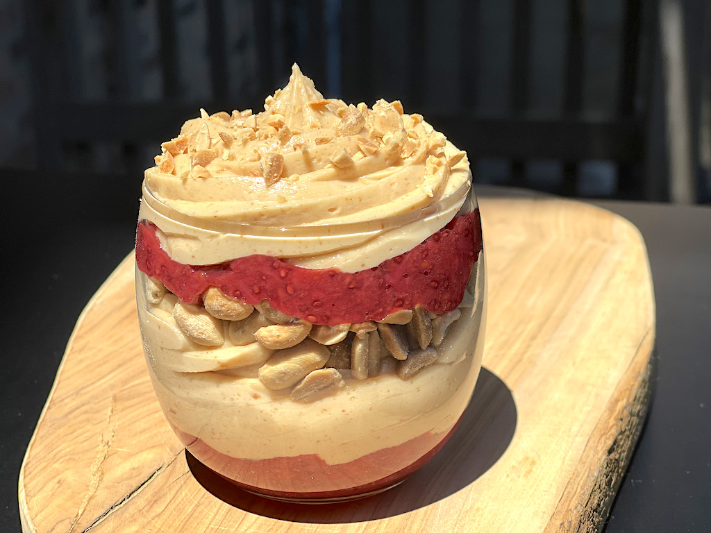 keto whipped peanut butter and jelly parfait with peanuts