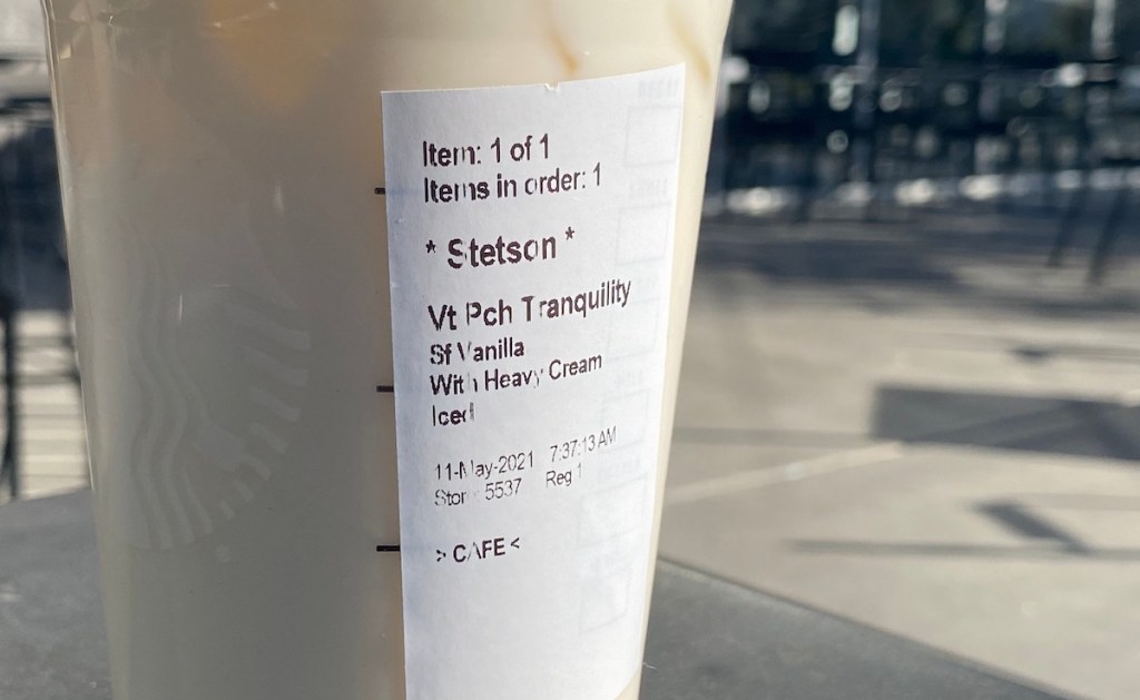 close up of starbucks peaches and cream iced drink order