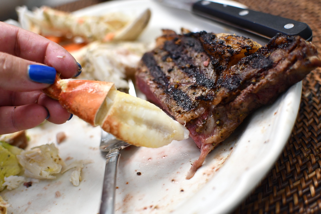 lobster and steak on plate 