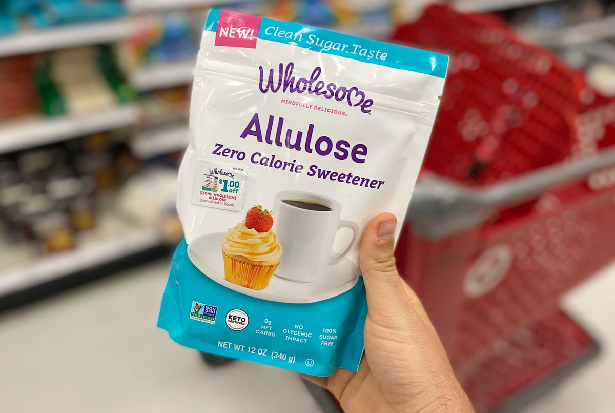 holding a bag of wholesome allulose