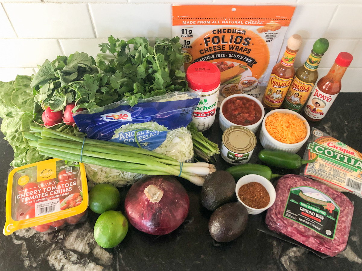 low carb taco salad ingredients on a kitchen counter