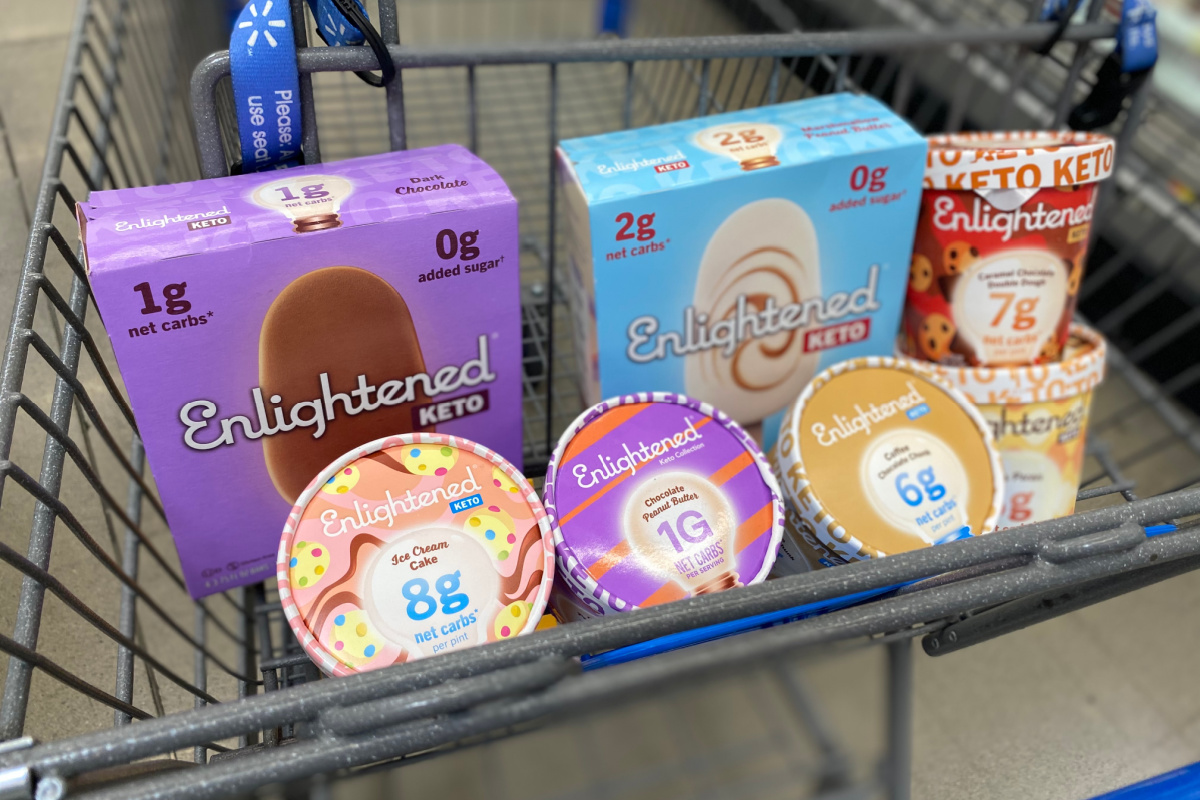 containers of enlightened frozen desserts in grocery cart