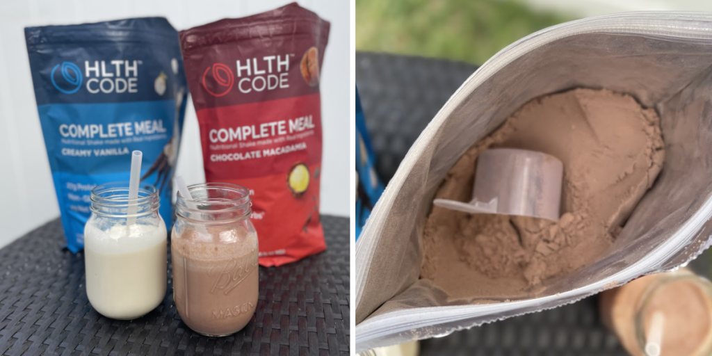 keto protein shakes in front of blue and red bag and scoop inside chocolate protein powder bag