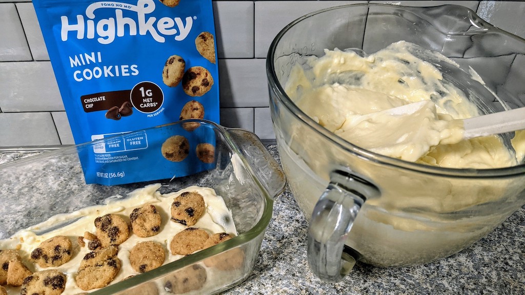 making keto eclair cake with HighKey mini chocolate chip cookies 