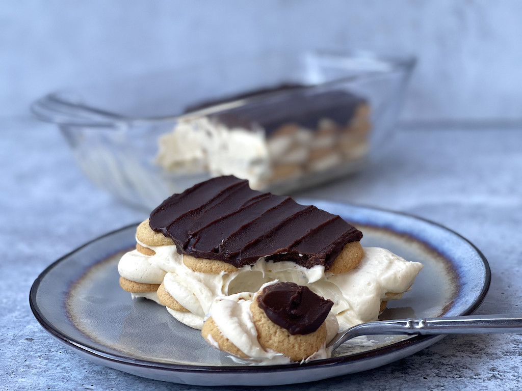 keto no-bake eclair cake on plate with fork 