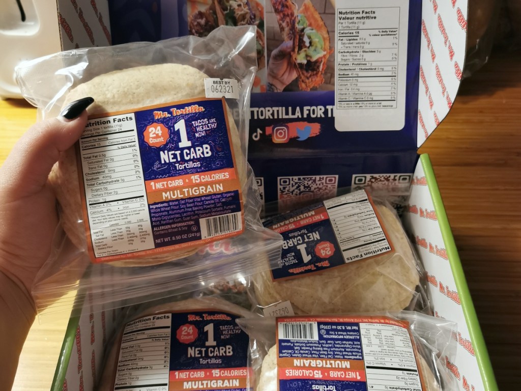 holding package of low-carb tortillas