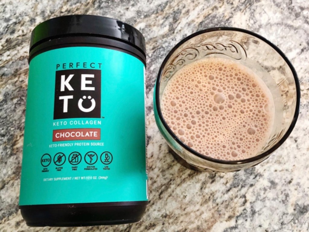 canister of keto collagen next to chocolate shake