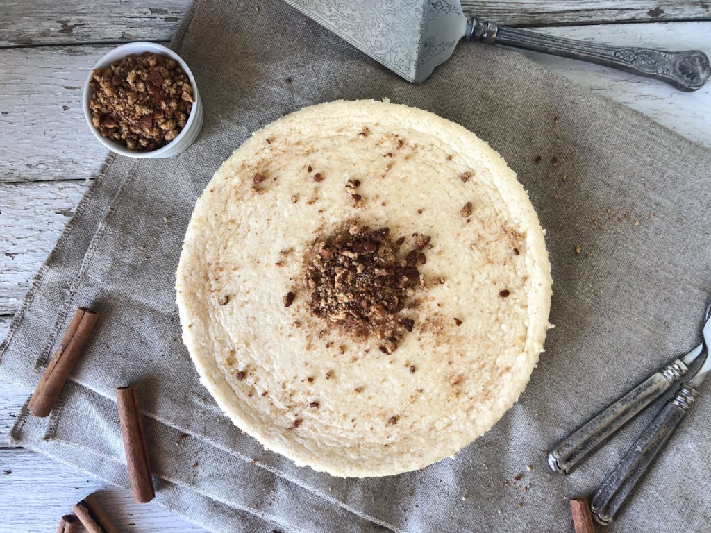 keto churro cheesecake with topping, top down view