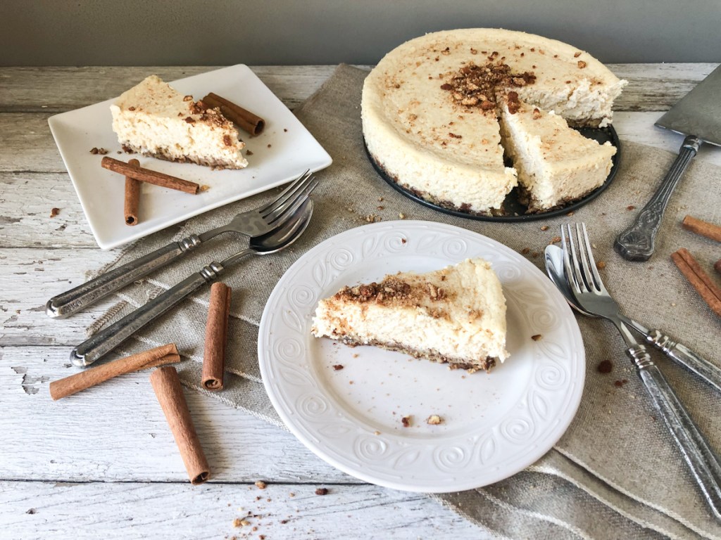 slice of keto churro cheesecake on a plate