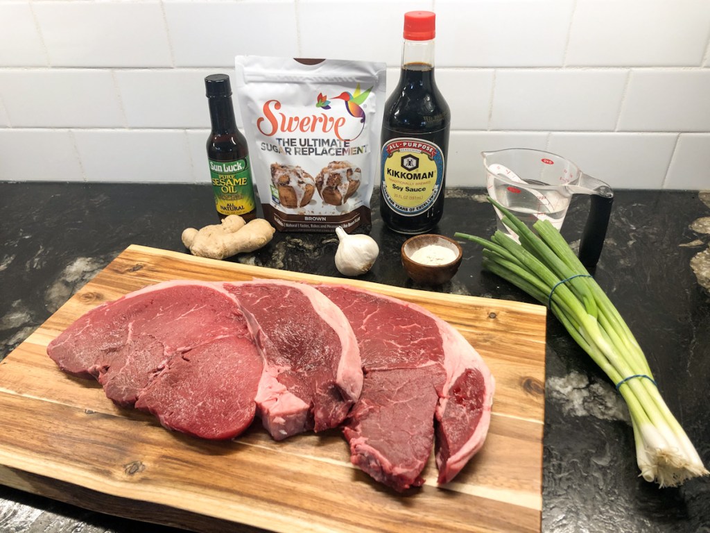 keto Mongolian beef crockpot ingredients on a countertop