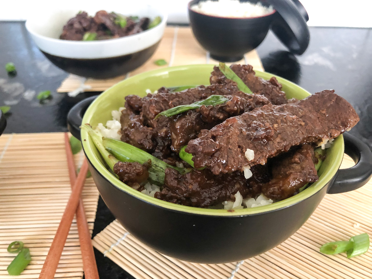 bowl of keto crockpot Mongolian Beef