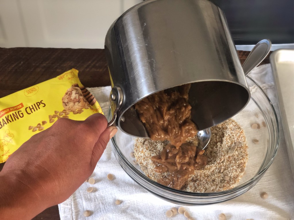 keto no-bake peanut butter cookies mixing wet and dry ingredients