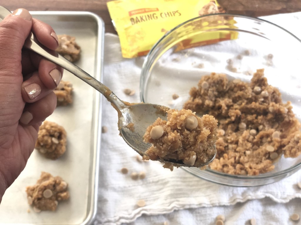 spoonful of keto no-bake peanut butter cookies dough