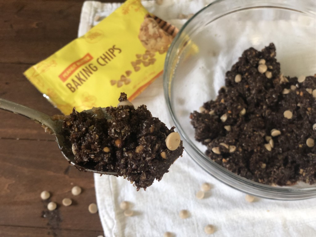 spoonful of keto no-bake peanut butter cookies with chocolate 