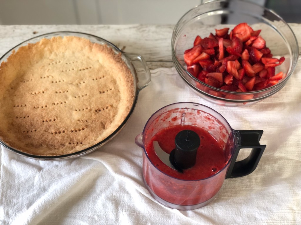sugar-free strawberry pie getting ready to assemble