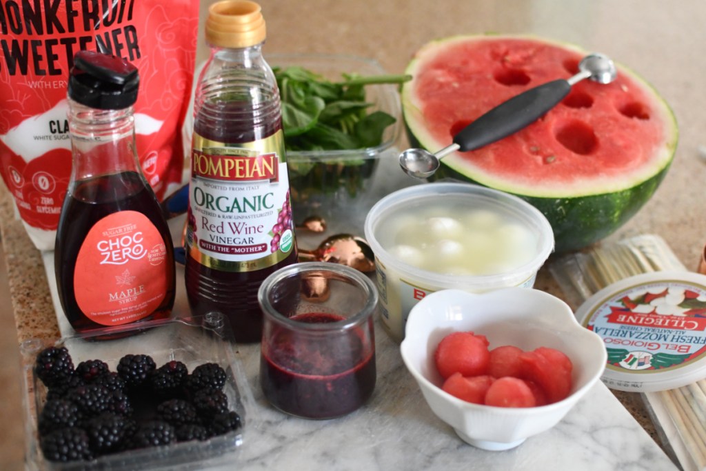 Ingredients to make watermelon caprese skewers that are low carb