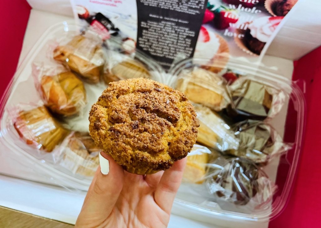 close up of hand holding cinnamon muffin