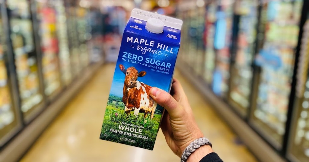 Hand holding carton of Maple Hill zero sugar keto milk