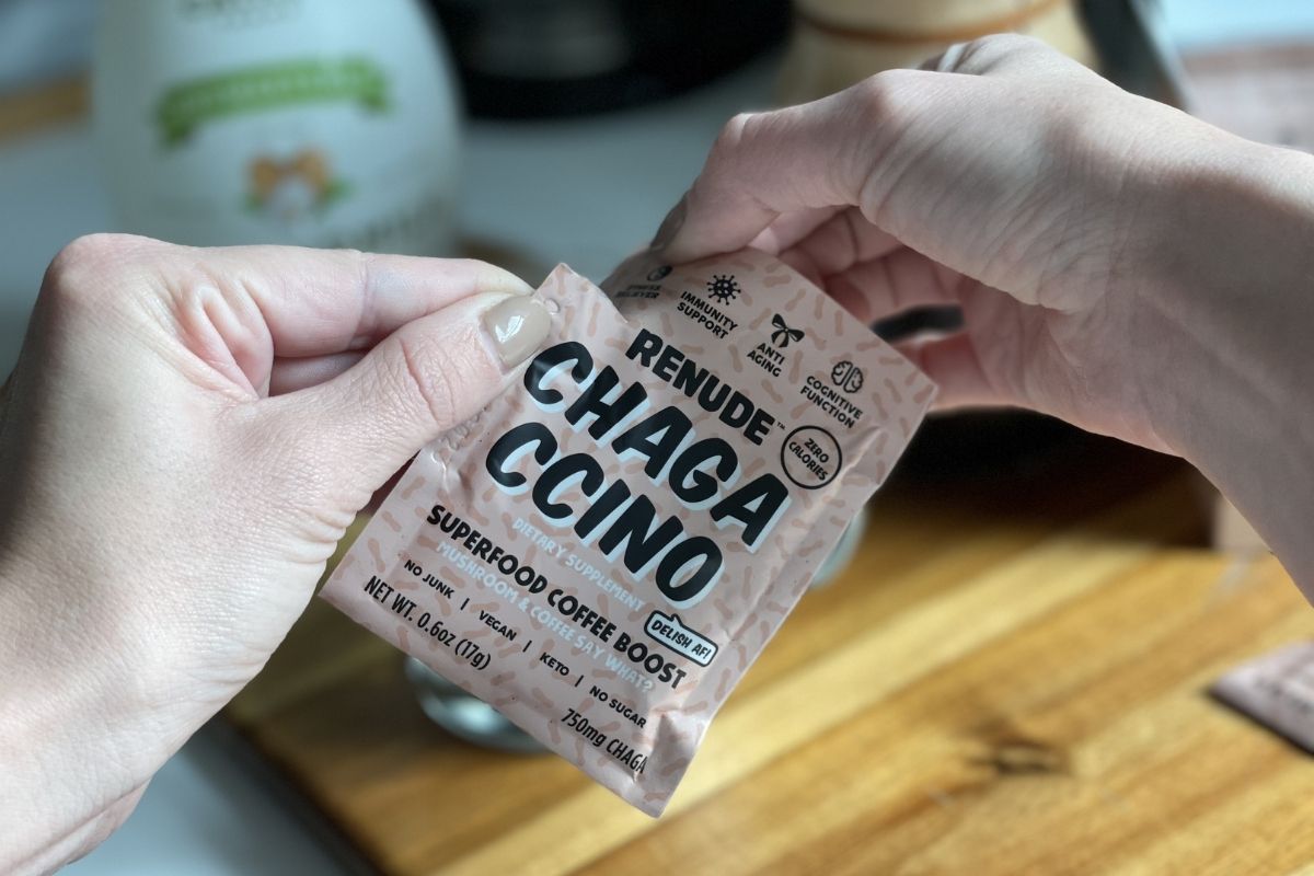 opening Renude mushroom coffee packet