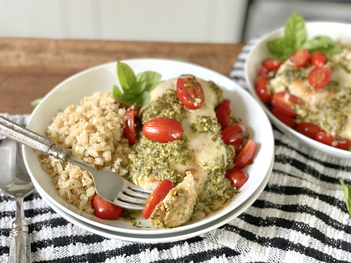 bite on a fork of Grilled Chicken Margherita Olive Garden