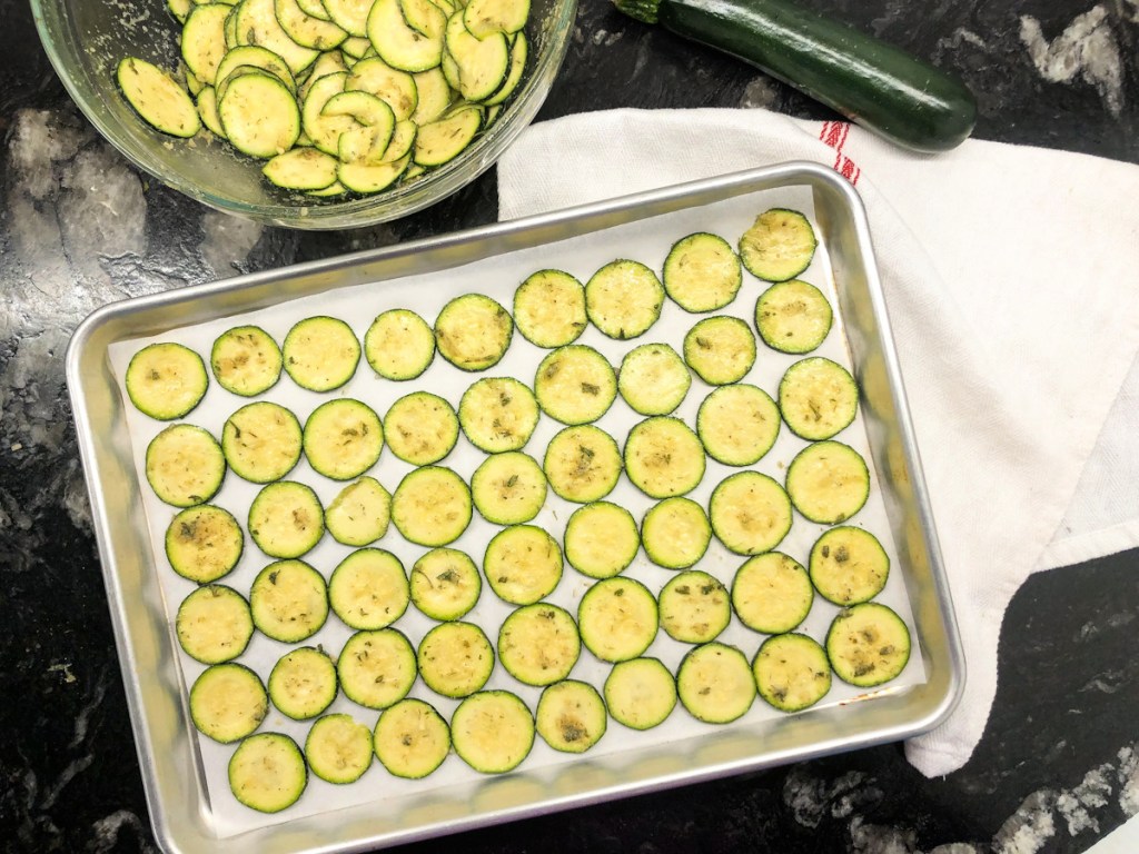 Keto Zucchini Chips on a baking sheet