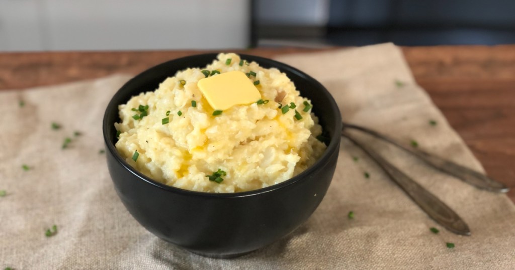 low carb mashed potatoes in a bowl with butter