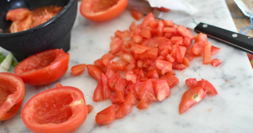 dicing tomatoes for tomato pie