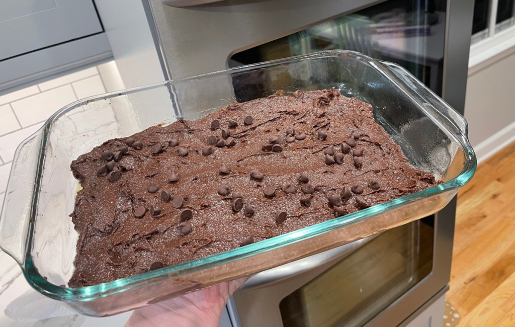 keto brownies in pan ready to bake