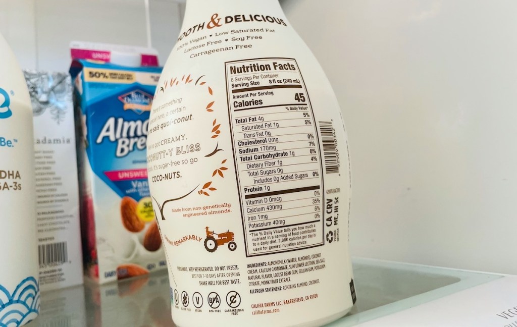 close up of ingredients label on coconut almond milk